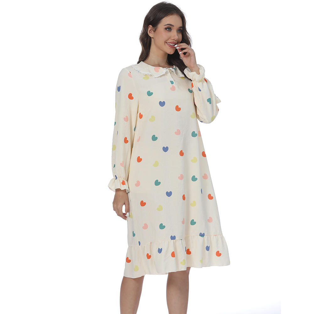 B756-Women's pajamas spring and autumn new long sleeves sweet ruffles colorful love round neck outer wear home clothes nightdress