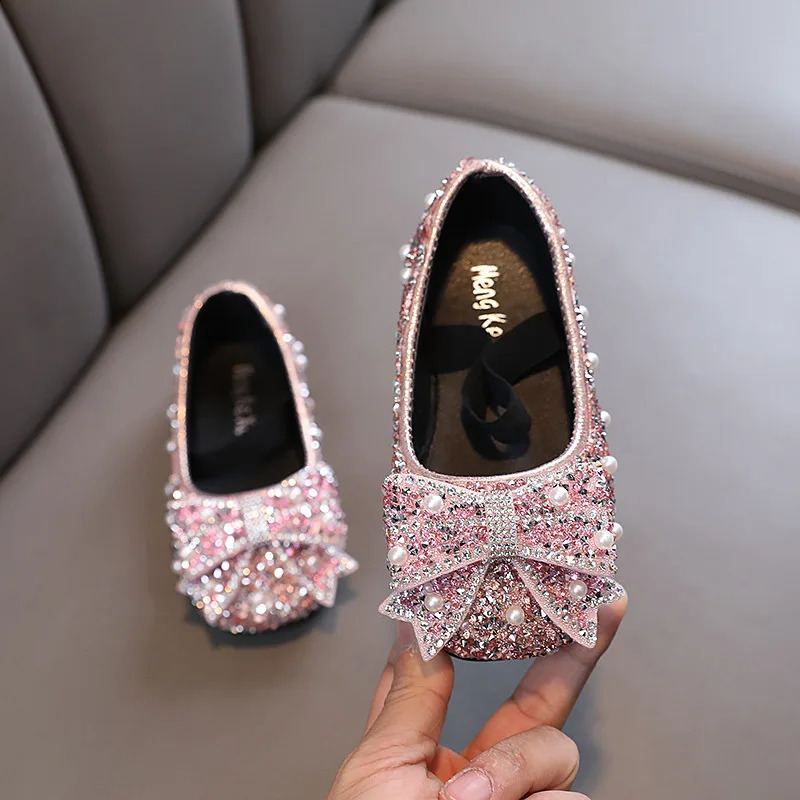 Childrens Flats Kids Single Shoes Fashion Girls Pink Rhinestone Bow Silver Princess Shoes Students Show Shoes H791 250305