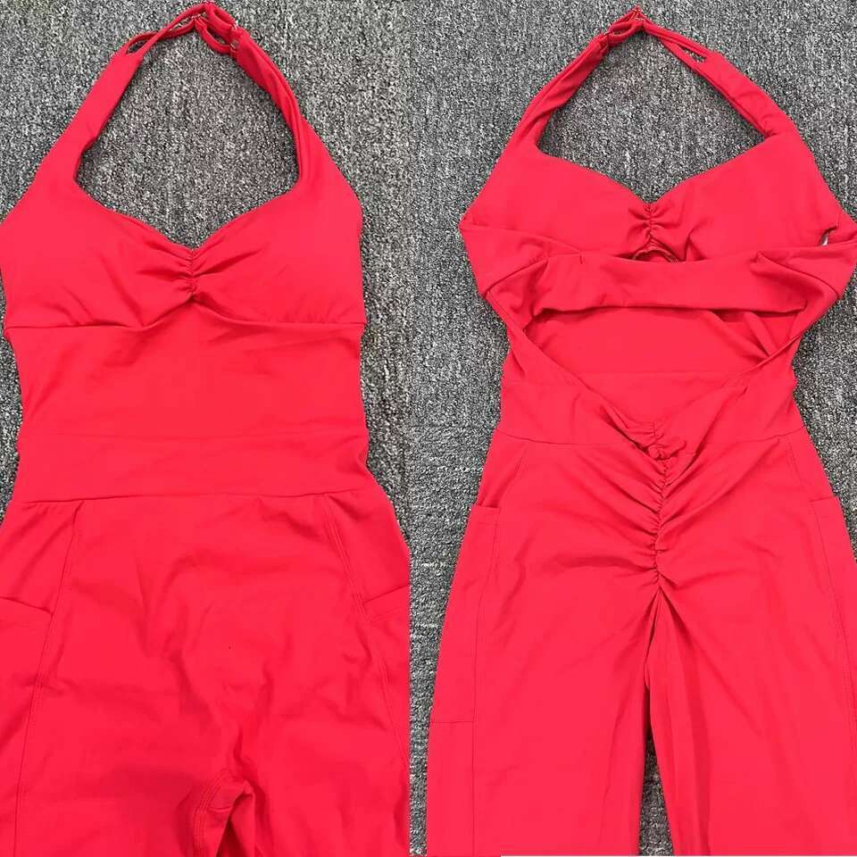 Pad Push Up Sports Pocket Yoga Set Women Sportswear One Piece Jumpsuit Gym Workout Legging Backless Scrunch Fiess Active Suit KLMY