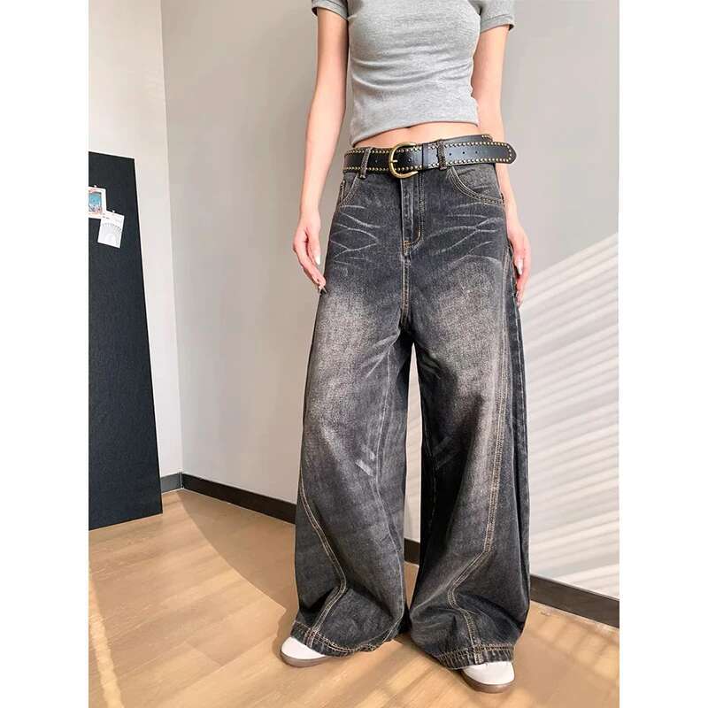 Grunge Y2k Black Jeans Women Baggy Vintage 2000S Oversized High Waist Denim Trousers Wide Leg Korean Streetwear Female Retro