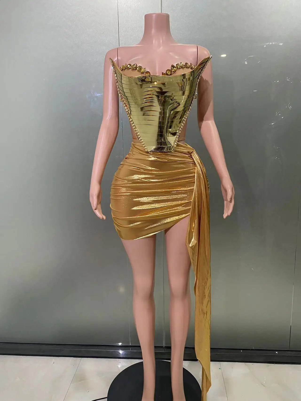 STOCK Gold Sliver Women Sexy Strapless Shinning Crystal 2 Pieces Bodycon Mini Dress Bar Singer Performance Costume Stage Wear 250305