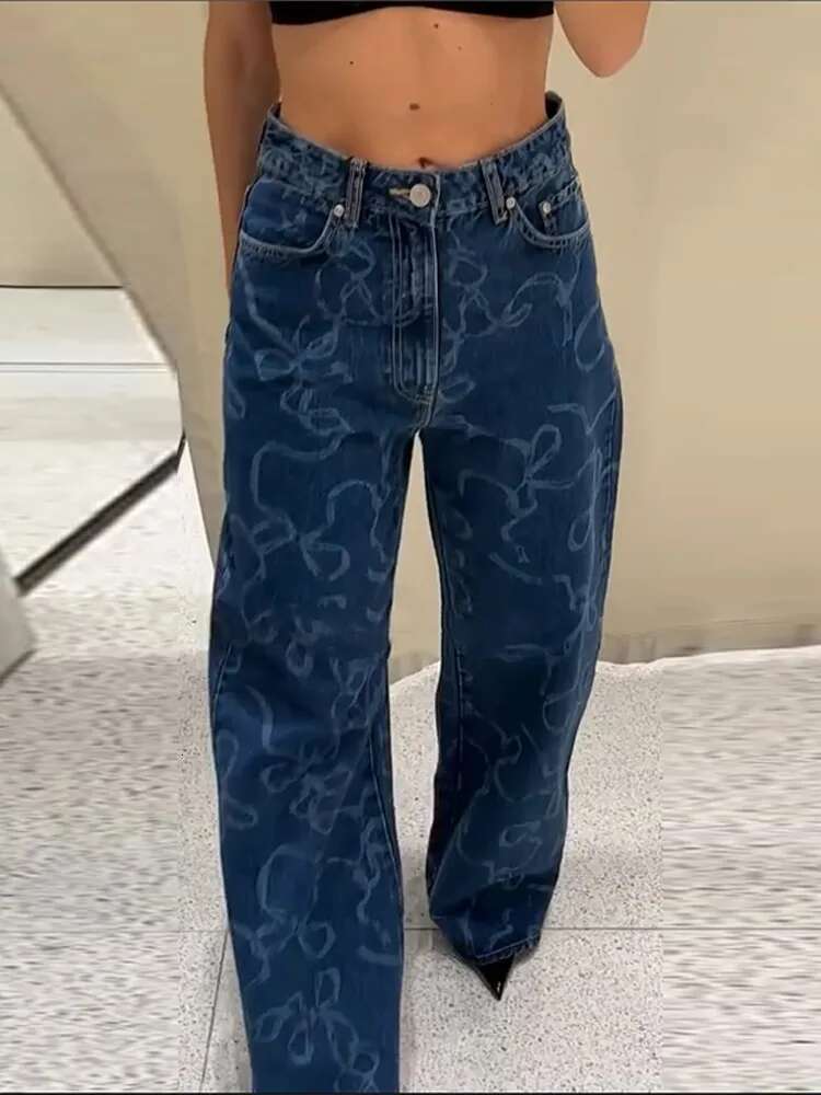 Street Print Panelled Jeans Women Y2k Wide Leg Zippers Button Pocket Female Pants 2025 Spring Summer New Urban Lady Trousers