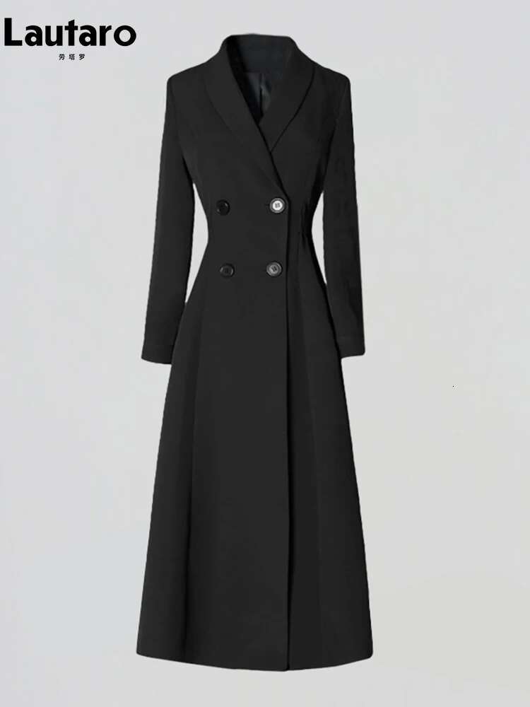 Lautaro-Long Black Fitted Trench Coat For Women, Chic Stylish, Single Breasted, Designer Clothing, Spring, Elegant