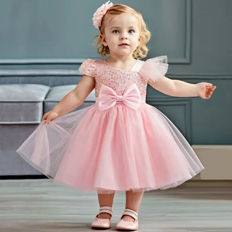 Girls Princess Sequins Dresses Toddler Kids 1st Birthday Baptism Gown Children Wedding Christmas Party Dress 250305
