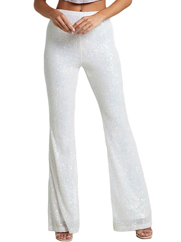 Women Sequin Pants Spring Autumn Flared High Waist Bodycon BellBottom Trousers 250306