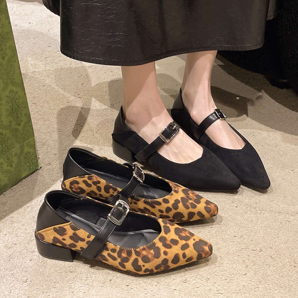 Temperament leopard print single shoe 2025 spring new low heel shallow mouth pointed straight buckle belt Mary Jane women's shoes