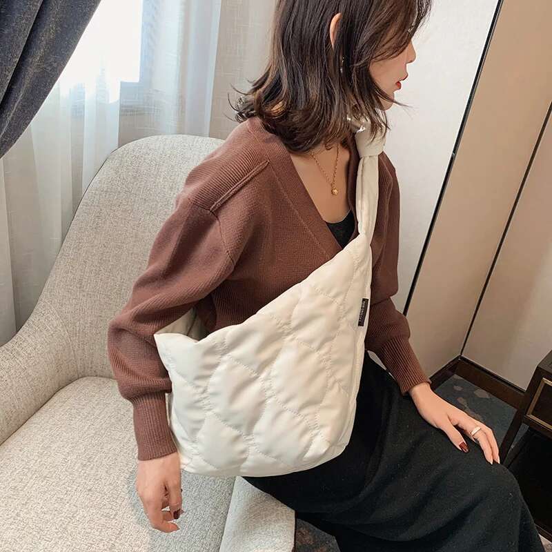 Casual Crossbody Leather Large Capacity Zipper Purse Down Cotton Women Soft Quilted Totes Bag Satchels