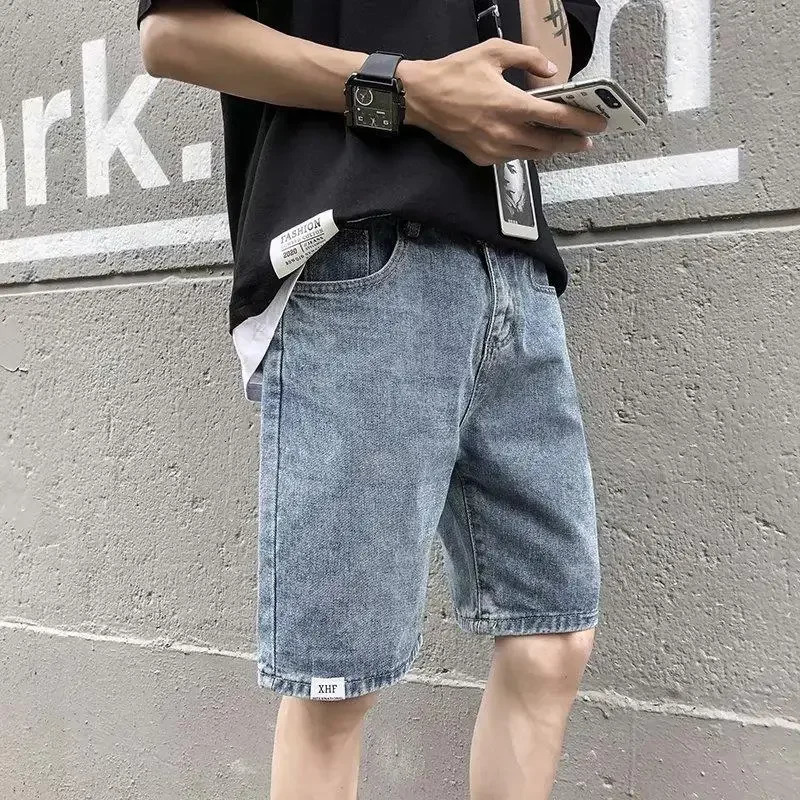 Mens Denim Shorts with Pockets Straight Original Blue Short Jeans Pants for Men in Emo Y2k Fashion Jorts Xxxl Korean Buttons 250306