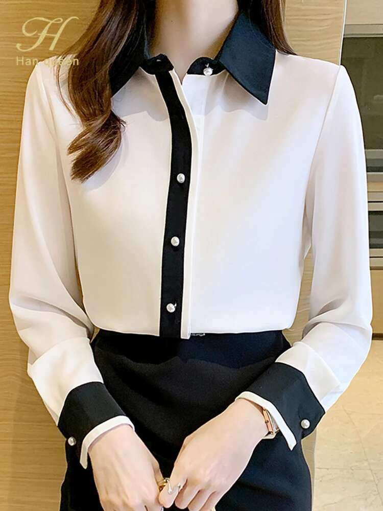 H Han Queen Contrast Color Single Row Pearl Buckle Office Blouse Female Shirt Long Sleeve Casual Tops Autumn Women Loose Blouses