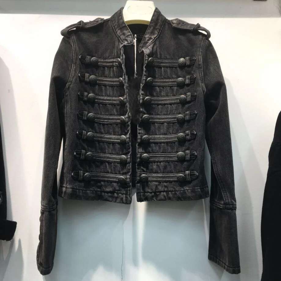 Retro Military Style Handsome Stand Collar Female Double-Breasted Old Wild Slim Short Denim Jackets Outerwear