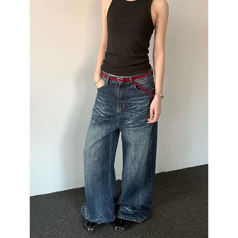 2025 Spring Vintage 2000S Loose Washed Do Old Wide Leg Pants Women's Haruku Casual Jeans Y2k Baggy Blue Denim Trouser