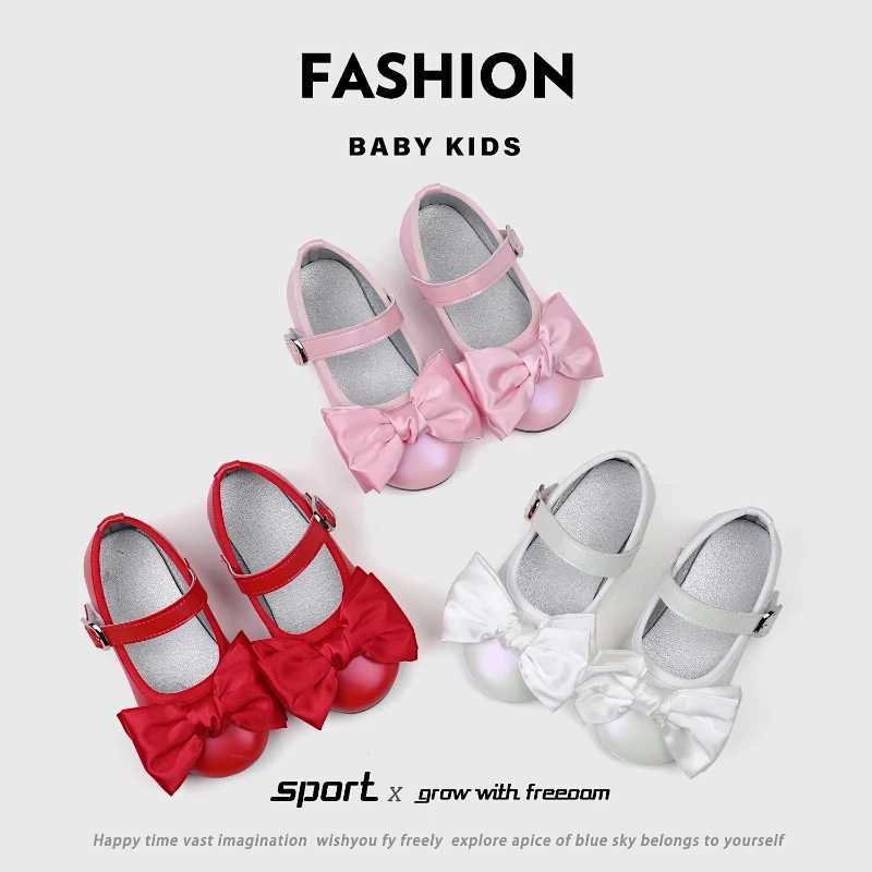 Girls Princess Shoes Elegant Party Silk Bowtie Children Mary Janes 21-30 Comfy Trendy Sweet Flexiable Spring Kids Ballet FlatsT250306