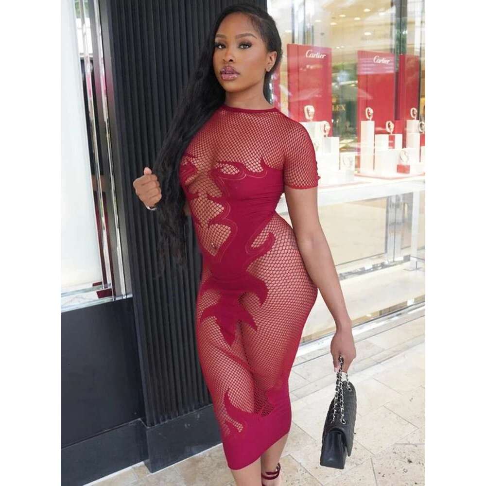 Sibybo See Through High Stretch Long Dress For Women Fashion O Neck Short Sleeve Slim Bodycon Robes Sexy Club Party Dresses KLMY