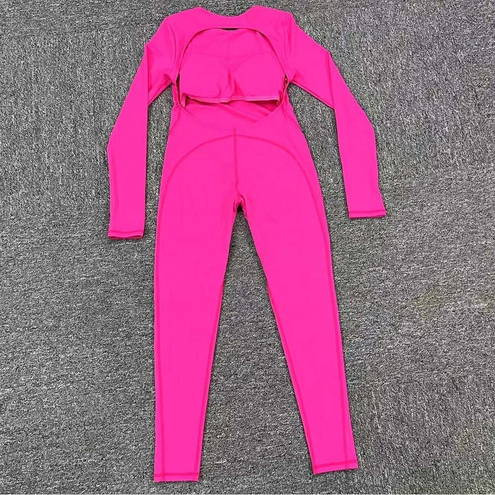 Pad Backless One Piece Jumpsuit Gym Set Women Training Yoga Suit Sports Long Sleeves Fiess Rompers Legging Workout Bodysuits KLMY