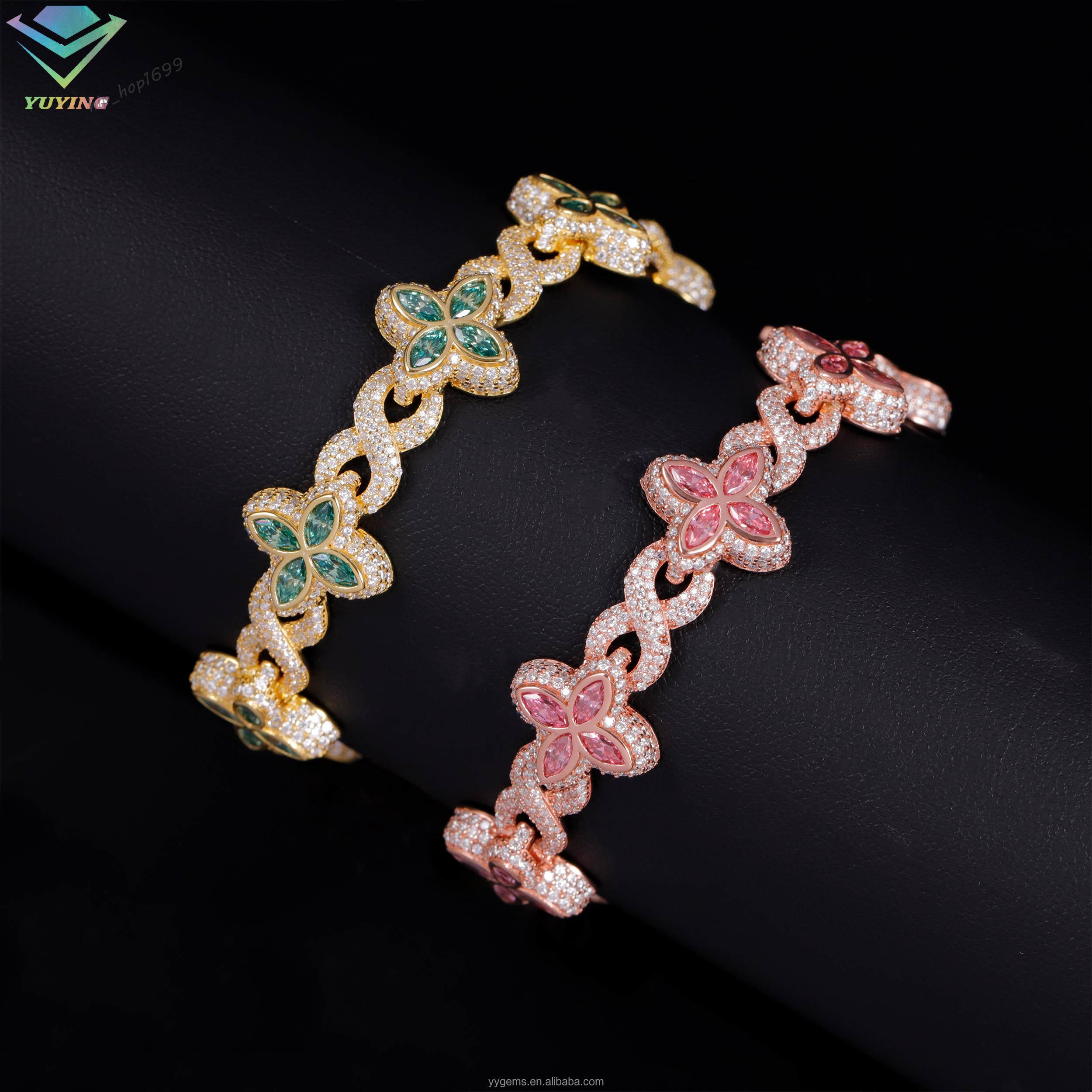 Moissanite Jewelry Clover Bracelet Green Pink Diamond S925 Silver Gold Plated Cuban Moissanite Bracelet With GRA Certificate