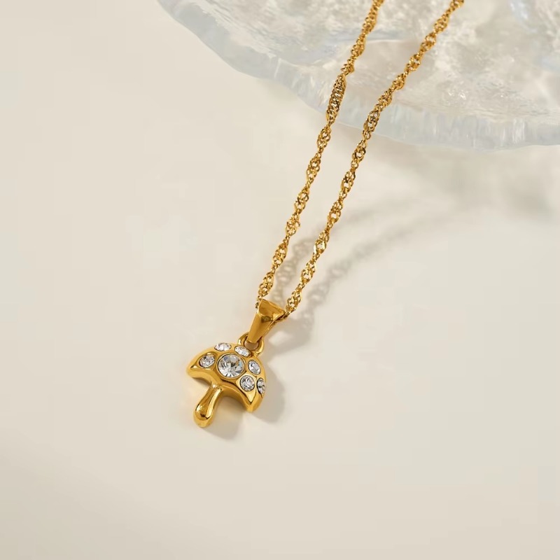 Jewellery 18K Gold Plated Tarnish Free Bohemia Stainless Steel Snowflake Zircon Mushroom Pendant Necklace for Special Occasions Gift Textured Elegant 