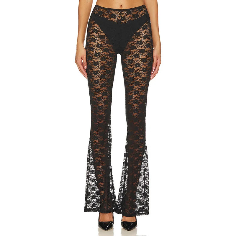 fashion floral lace pants with Versatile high elasticity and sexy perspective casual glitter 250306