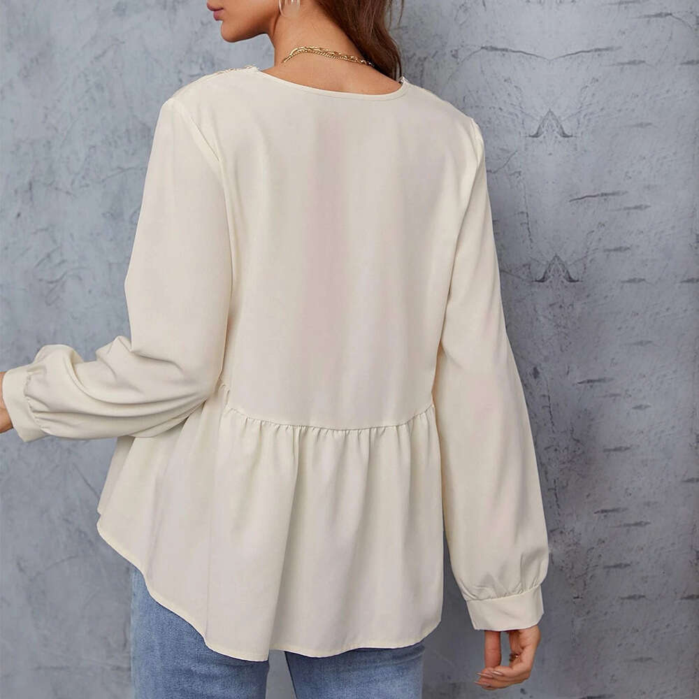 Spring/Summer Commuter Top Patchwork Lace V-Neck Loose Long Sleeve Women's Shirt KLMY