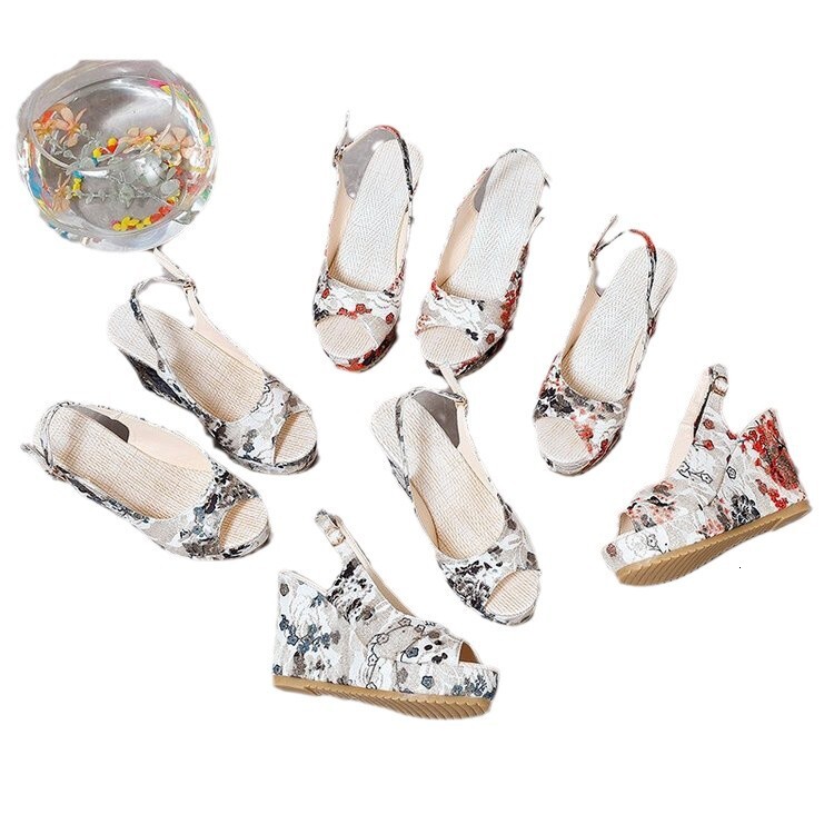 Large print fish mouth thick soled wedge heel with buckle sandals for summer beach exposed toe women in 2025 #ddmykukumalu