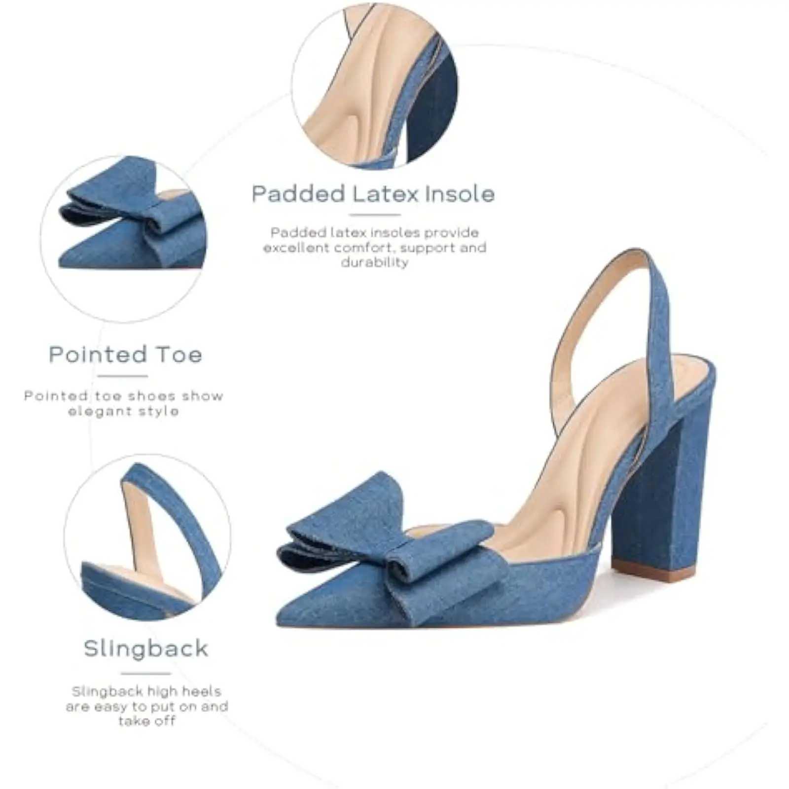 Wens Denim Chunky Heel Sandals Elegant Blue Bow Slingback with Closed Pointed Toe Slip- High H for Dressy Occasis Y250306
