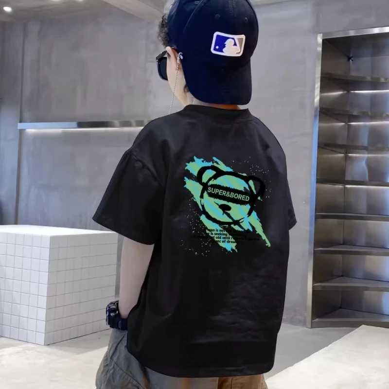 2023 Summer Kids Clothes Cartoon Print T Shirt Streetwear 100%Cotton Tops Children Boys Girls Clothes Short Sleeve Tees O-NeckT250306
