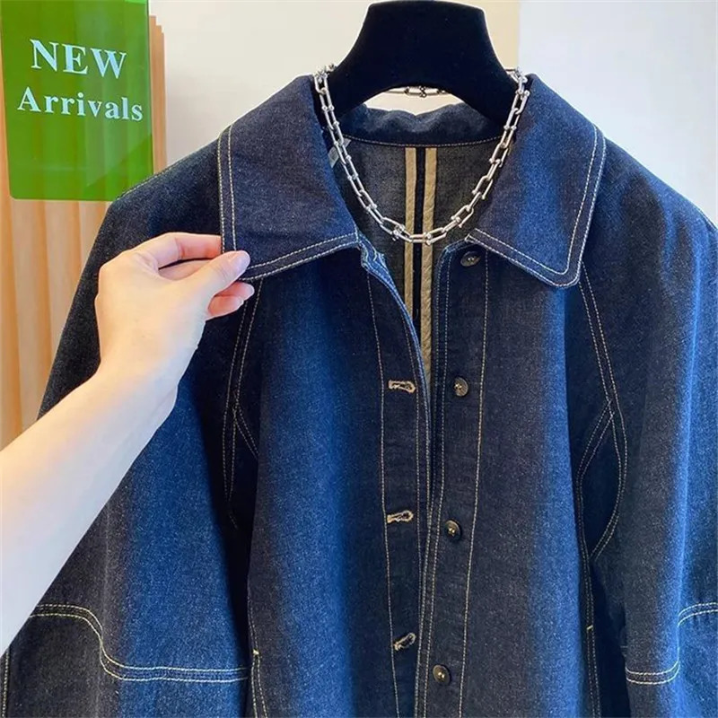 Vintage Denim Coat Women Spring Autumn Fashion Short Jeans Jacket Female Casual Cuffs Splicing Loose Cowboy Tops T874 250306