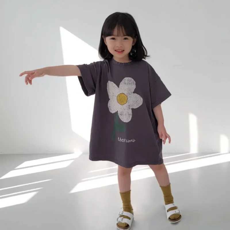 2024 Summer New Girls Short Sleeve Casual Dress Cute Flower Print Children Long T-Shirts Loose Kid Princess Girls Outfit ClothesT250306