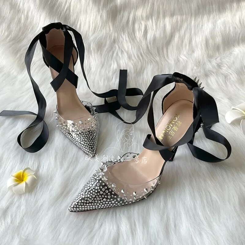 Transparent PVC rhie willow nail leopard print black gold camouflage veet heel tied ribbon high-heeled sandals