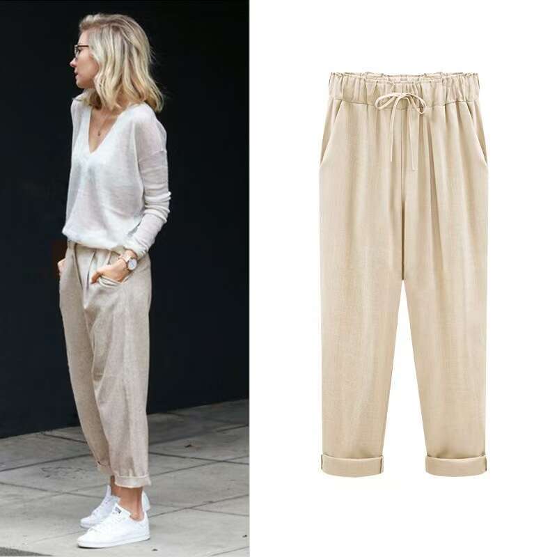Spring summer size cotton en women's cropped pants, plus size, 200 pounds, fat mm, loose and n, 2025 new casual fashion trend clothing