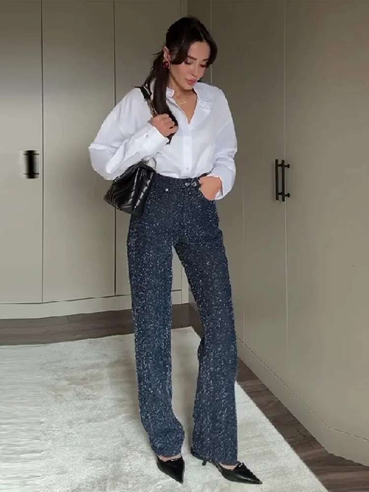 Elegant Tweed Women Fringes Elastic Straight Long Denim Pants Female 2025 Spring Summer Y2k High Waist Street Jeans Lady