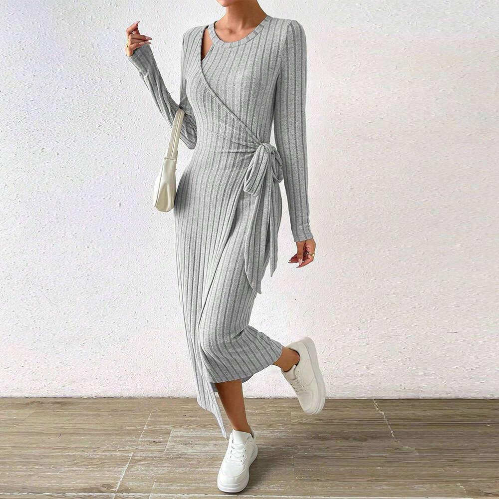Autumn/Winter New Women's Knitted Grey Irregular Long Dress KLMY