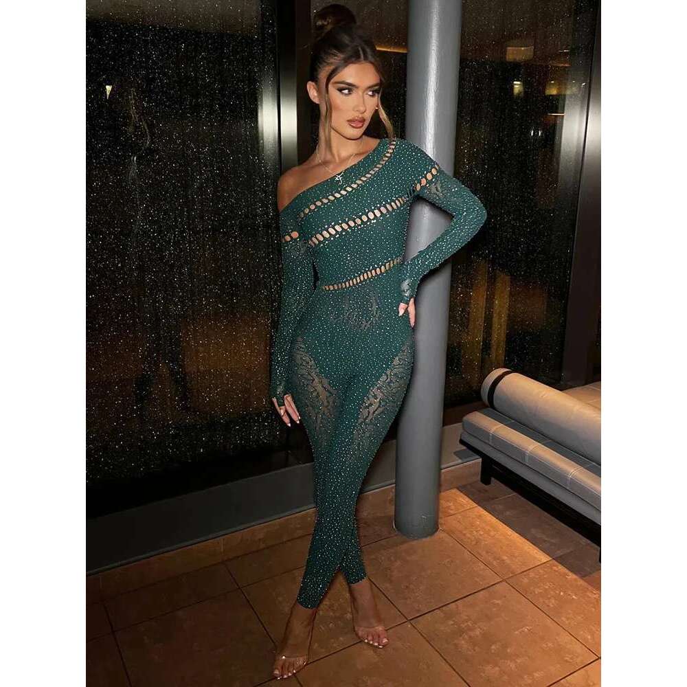 Sibybo Off Shoulder Long Sleeve Jumpsuits Women Fashion Rhies High Stretch Hollow Out Sexy Overalls Sparkly Party Rompers KLMY