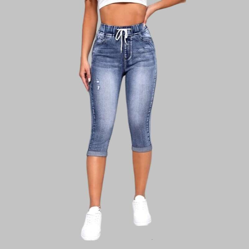 Hot selg jeans in Europe and America, women's elasticity elastic waistband drawstring, high waist sexy ripped jeans, 2025 new casual versatile fa