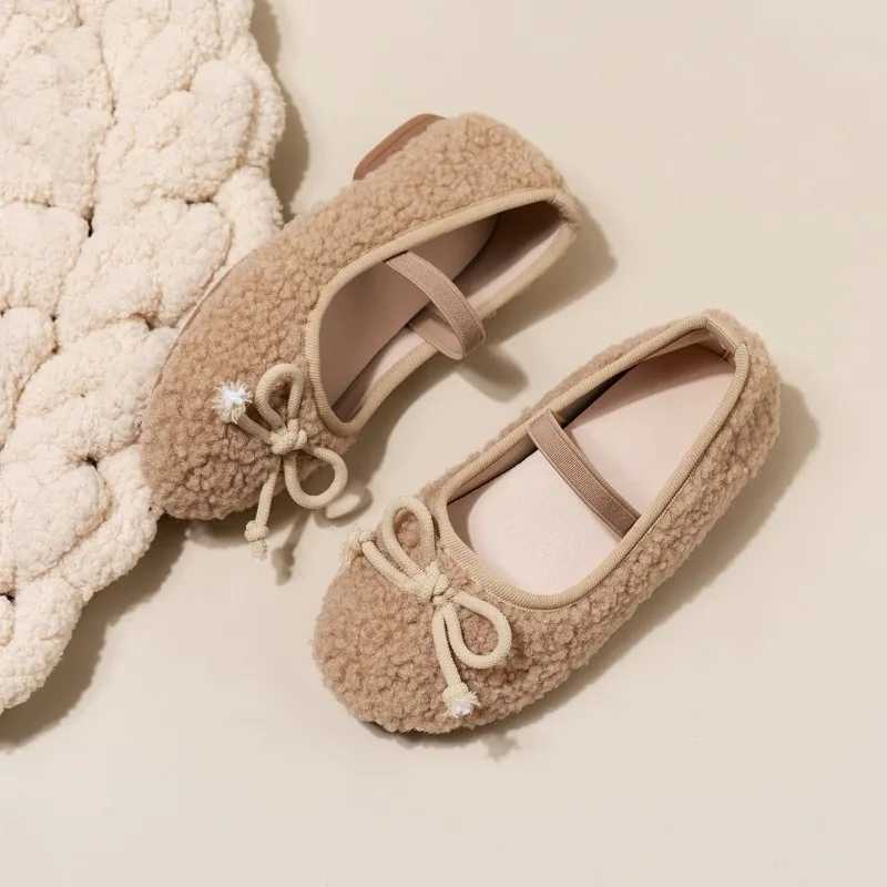 Bowknot Lambswool Ballet Flats Kid Girl Winter Warm Teddy Fur Ballerina Shoes Child Cosy Plush Shallow Loafers with Elastic BandT250306