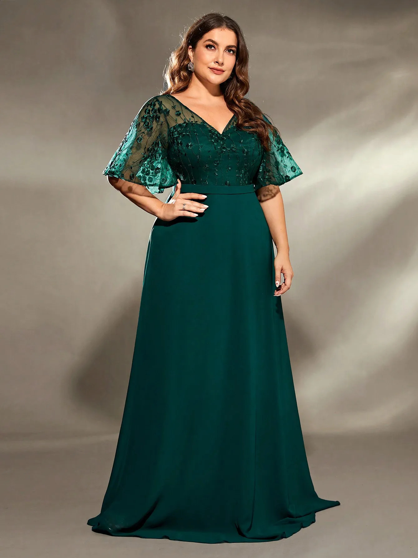 Mgiacy plus size Vneck Seethrough trumpet sleeve embroidered chiffon full skirt Evening gown Ball dress Party 250526