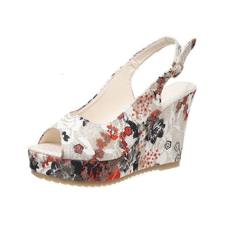 Large print fish mouth thick soled wedge heel with buckle sandals for summer beach exposed toe women in 2025 #ddmykukumalu