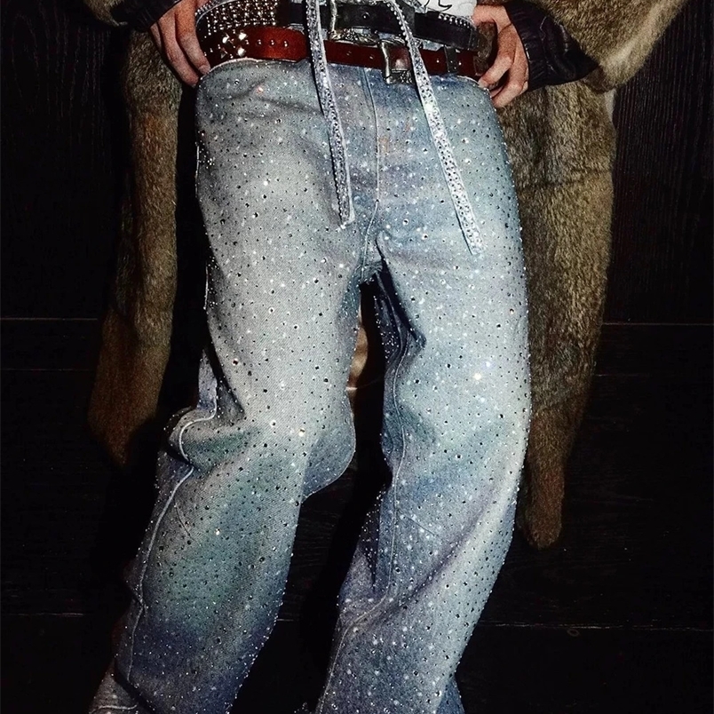 Full Rhinestone Print Washed Blue Baggy Jeans Mens and Women Ropa Hombre Streetwear Solid Casual Denim Trousers Loose Cargos 250305ww