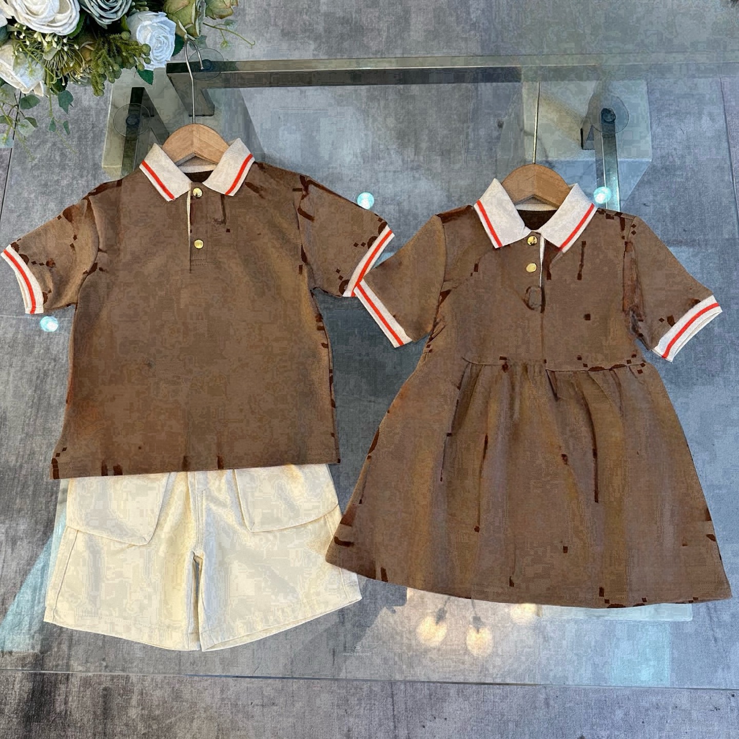 Designer kids letter printed short sleeve T-shirt sets summer boys polo lapel Tops causal shorts 2pcs girls falbala dress S1803