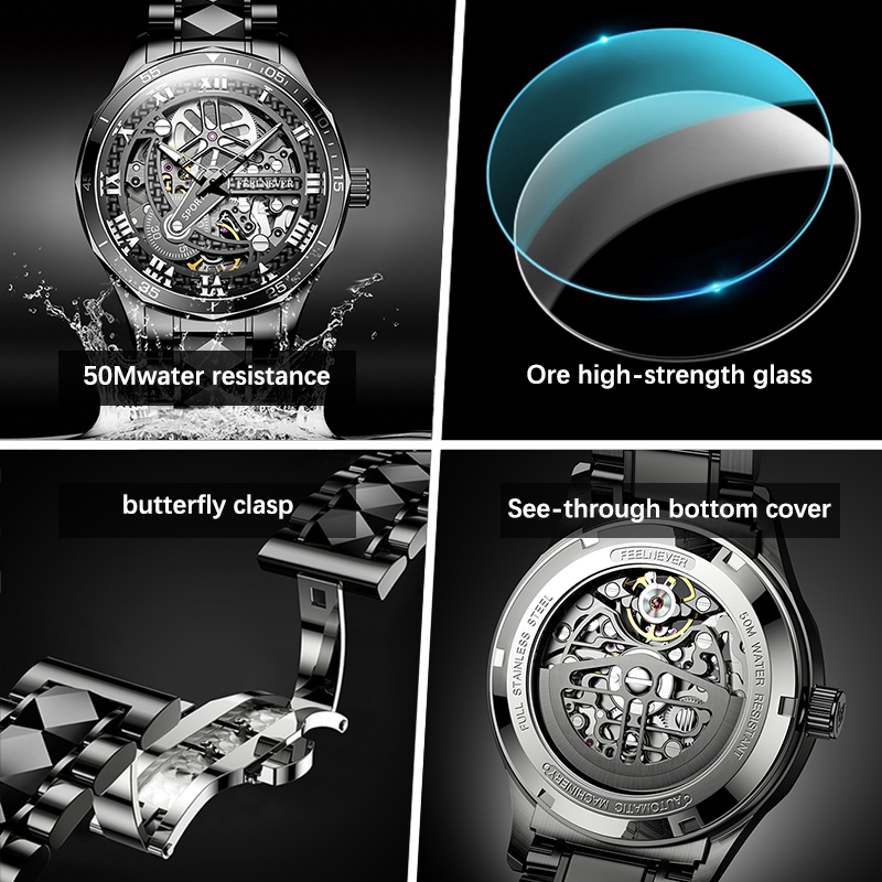 LIGE Classic Hollow Design Men's Fully Automatic Mechanical Watch Steel Strip Business Trend Waterproof Watch