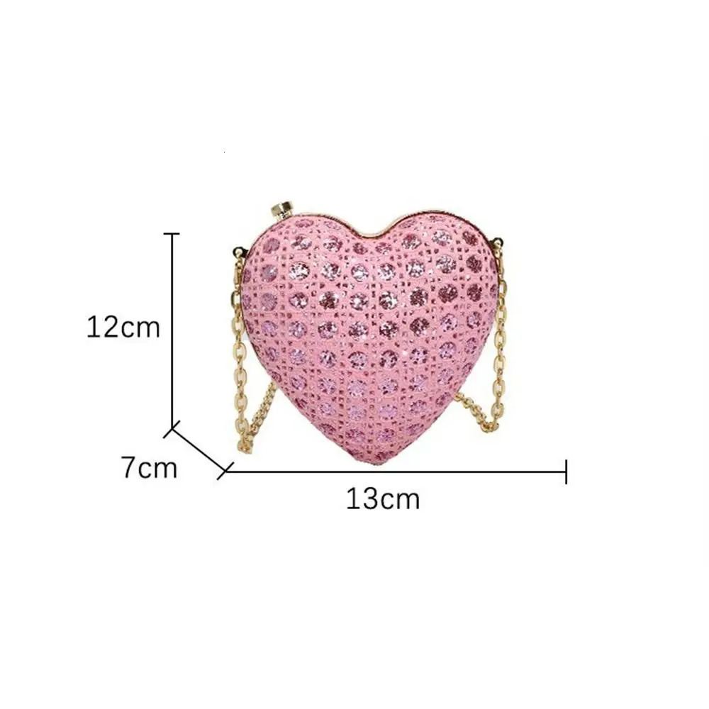 Heart-shaped Evening Bag Gold Bright Silk Rhinestone Decorative Banquet Clutch Chain Shoulder Bags Wedding Party 250306