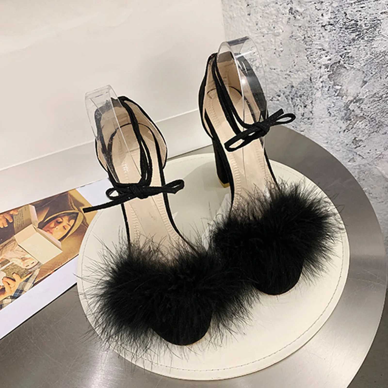 Heel Ran Shoes Thick Heel Super Feathers High Sandals Summer 2024 Ankle Straps Suede Sandals Elegant Heeled Shoes Sandals Y250306