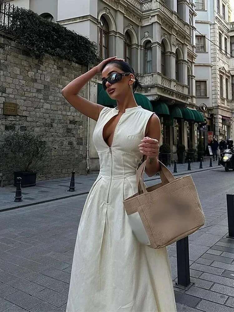 T Women Fashion Round Collar Sleeveless Pleated Slim Elegant Solid Half Zipper A-E Dresse Girl's Casual High Street Robe