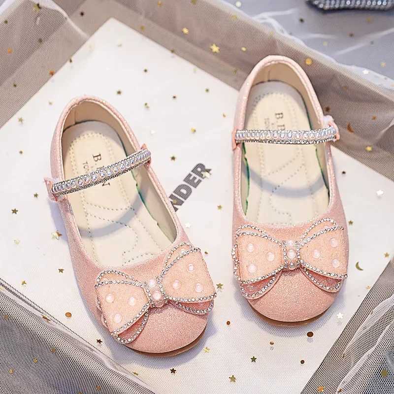 Pink Glass slipper Bows Rhinestone Girls Princess Shoes For Wedding Party Kids Leather Shoes Children Dance Performance ShoesT250306