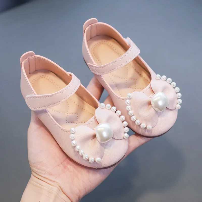 Solid Color Bow Simple Casual Pearl Cute Baby Girl Flats New 2024 Hook Loop Little Princess Soft Mary Jane Fashion Kids ShoesT250306