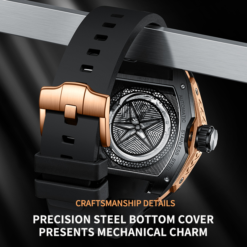 LIGE outdoor sports style wine barrel shaped mechanical men's watch with hollow design for men's business watches