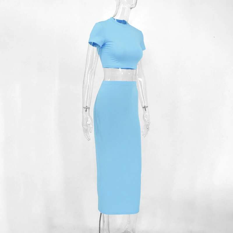 Sexy T-Shirt Two Piece Set Women New Short Sleeve O-Neck Crop Top High Waist Skirt Solid Fashion Suit Streetwear Partywear KLMY