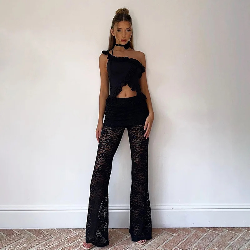 Nibber Stacked Lace Pants Women Solid Sexy See Through High Waist Slim Trouser Simple Trend Female Stunning Chic Bottoms 250306