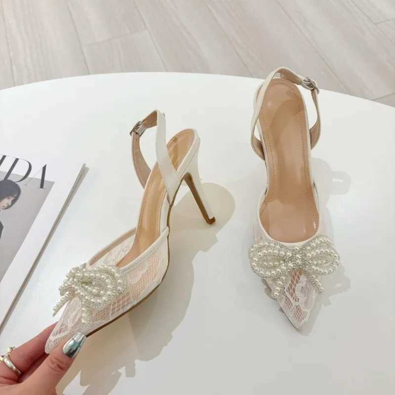 New Summer Wens High Shoes Pearl Bow Lace Pointed Sexy Versatile Sandals Closed Toe Single Shoes Y250306