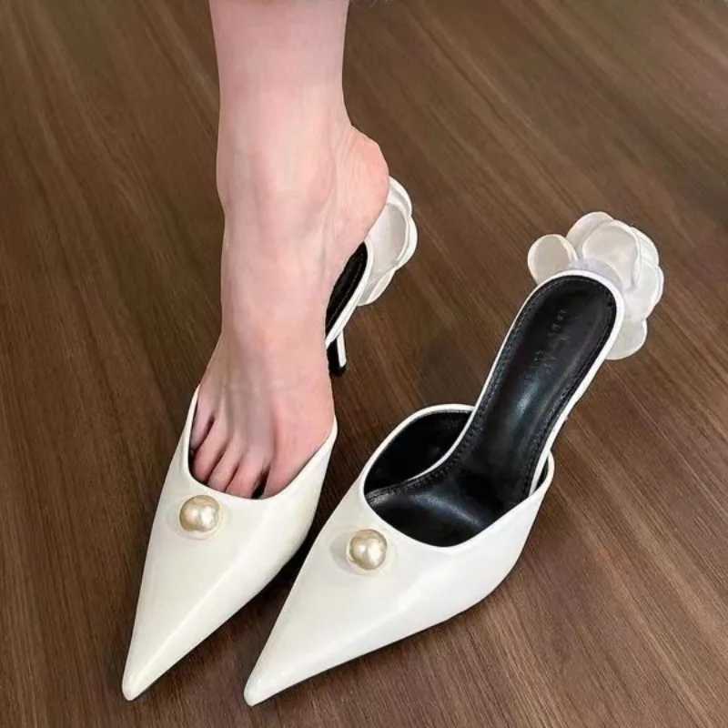 Autumn New Baotou Slippers Wens Fi Pointed Shallow Mouth Pearl Anti-slip Wear-resistant High H Y250306