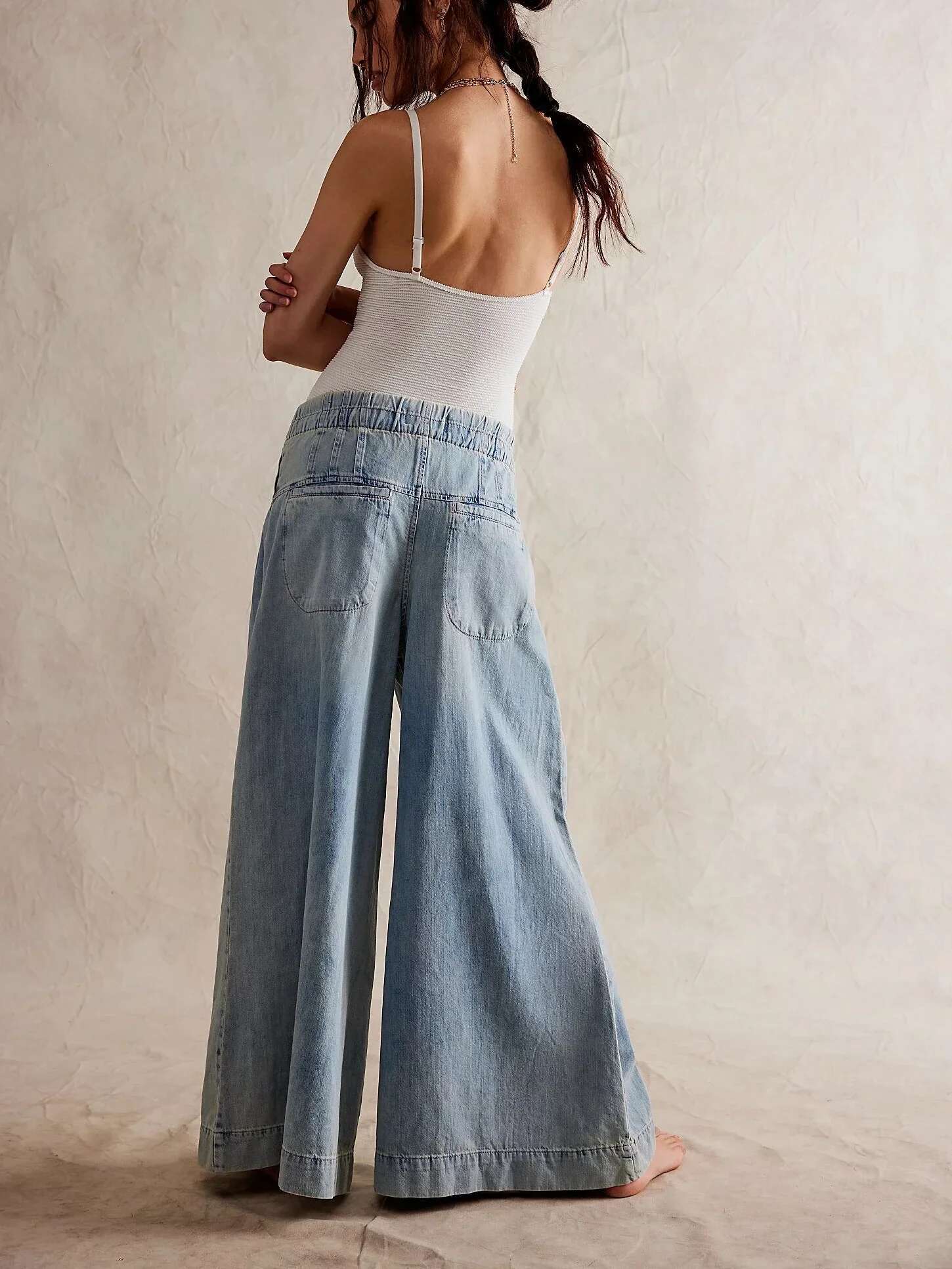 Canwedance Free Style Full Length Mid Waist Boho Folds Cotton Hippie Wide Leg Pants 3Xl Trousers Chic People Jeans